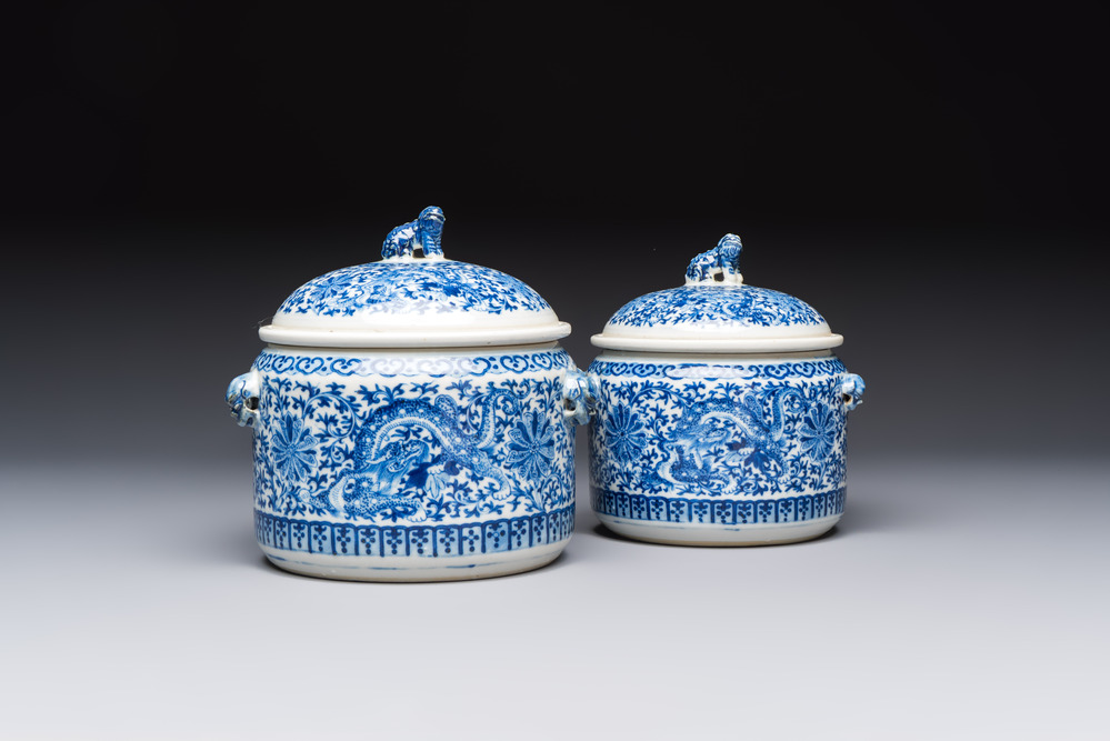 Two Chinese blue and white 'Chilong' covered warming bowls, Guangxu mark and of the period