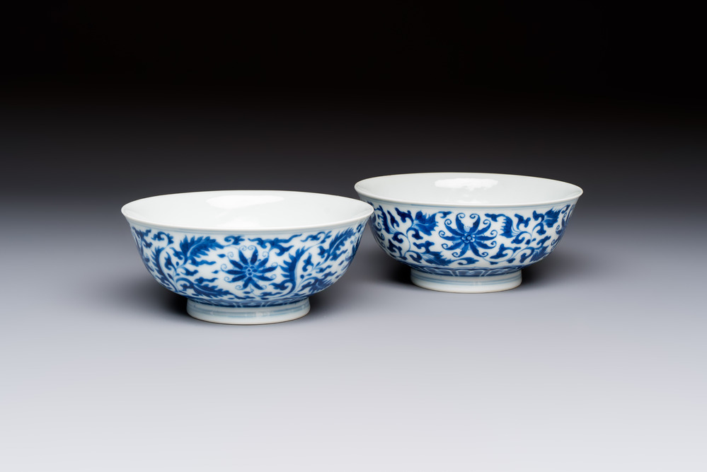 A pair of Chinese blue and white 'lotus scroll' bowls, Yongzheng mark and of the period