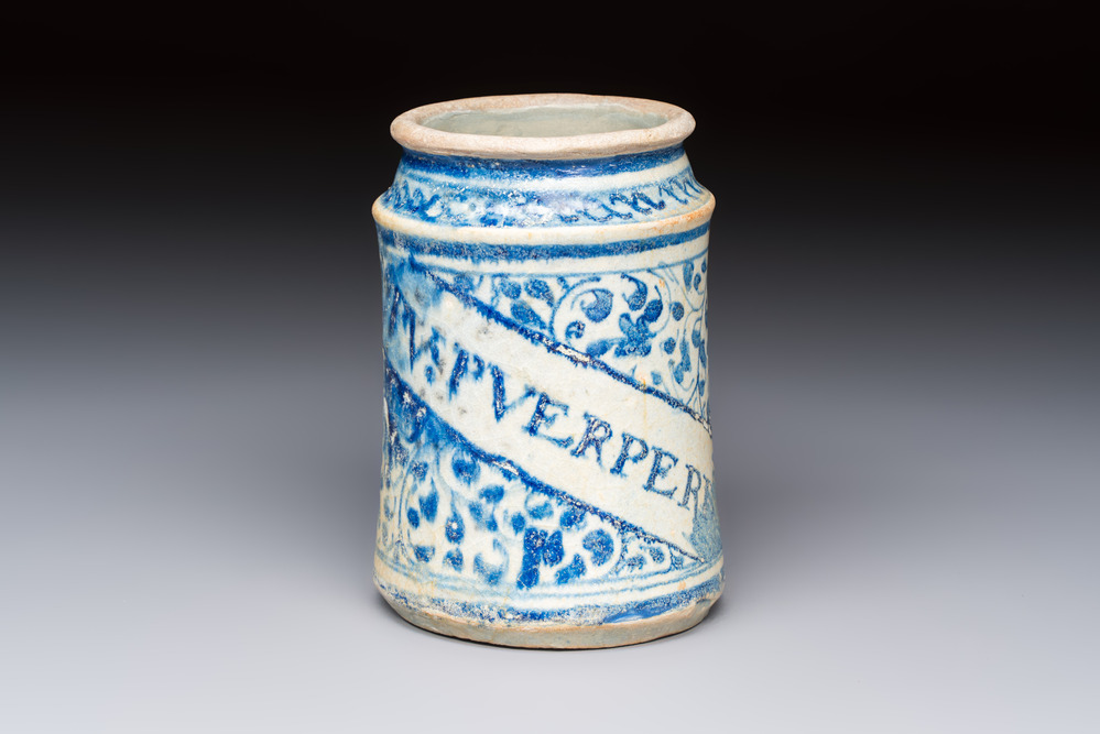 A blue and white Antwerp maiolica albarello inscribed 'PV:PVERPERL', 16th C.