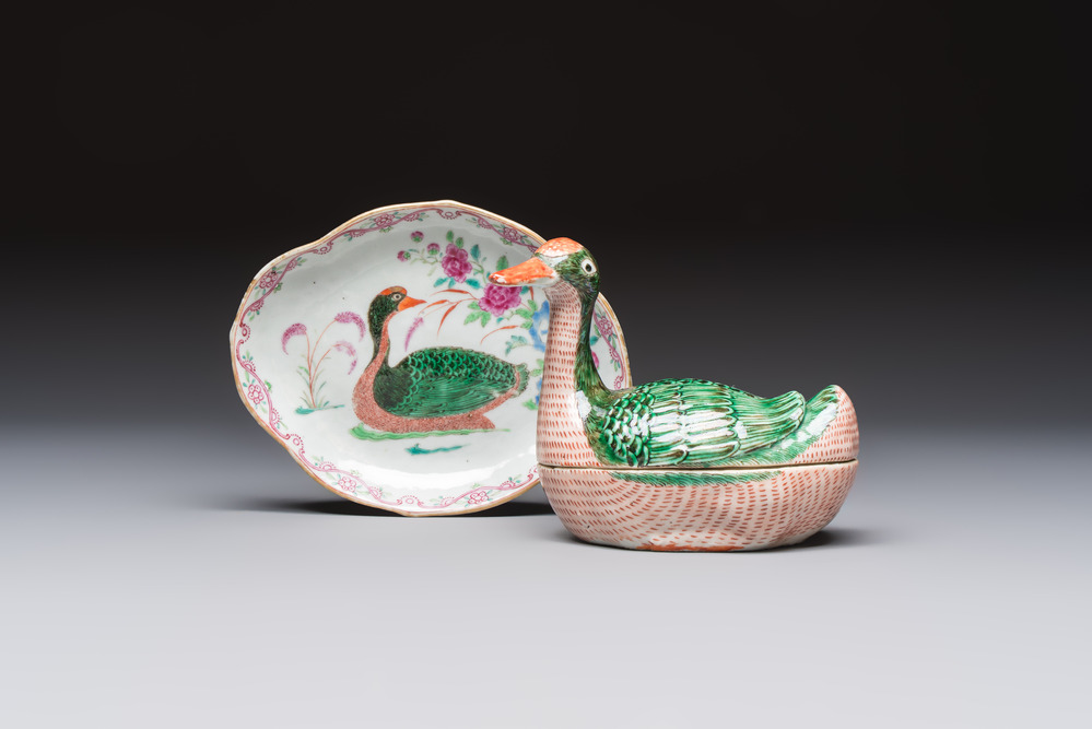 A Chinese export famille rose goose-form tureen and stand, Qianlong