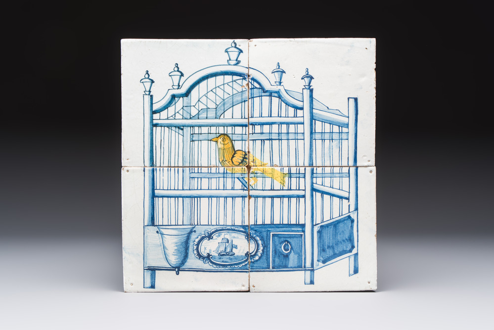 A polychrome Dutch Delft four-tile panel with a canary in a cage, 18th C.