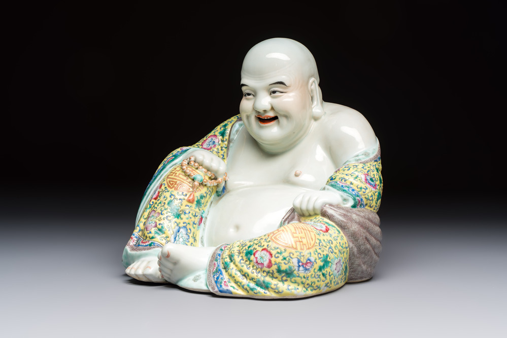A Chinese famille rose Milefo Buddha, Ye Yunhong Zao 葉運紅造 mark, Republic