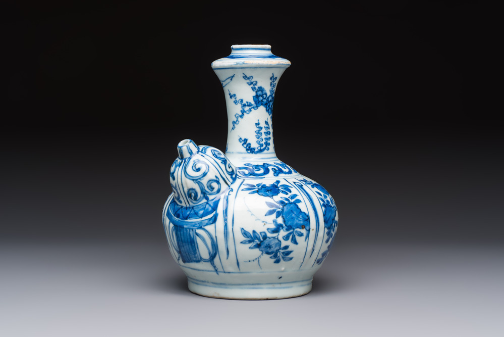 A Chinese blue and white kendi with floral design, Wanli