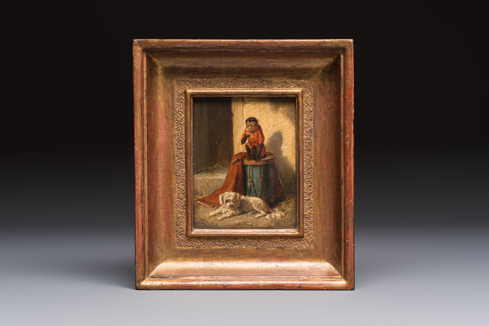 Charles van der Eycken (Belgium, 1859-1923): 'Monkey and Maltese', oil on panel, 19th C.