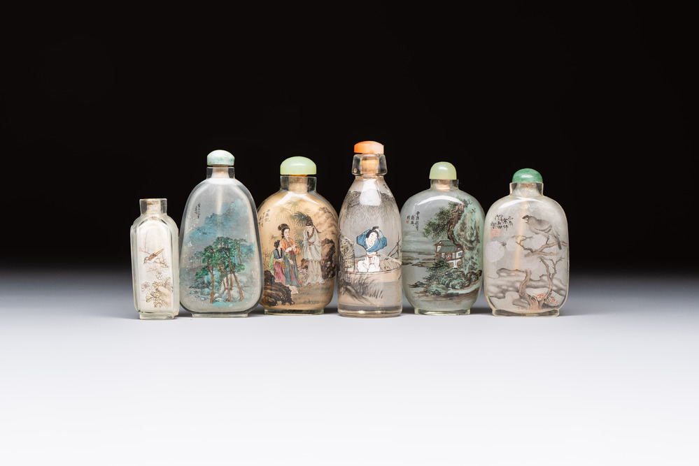 Six Chinese inside-painted snuff bottles, signed Xue Shaofu 薛少甫, Ye Fuying 葉甫英 and Yan Yutian 閻玉田, 20th C.