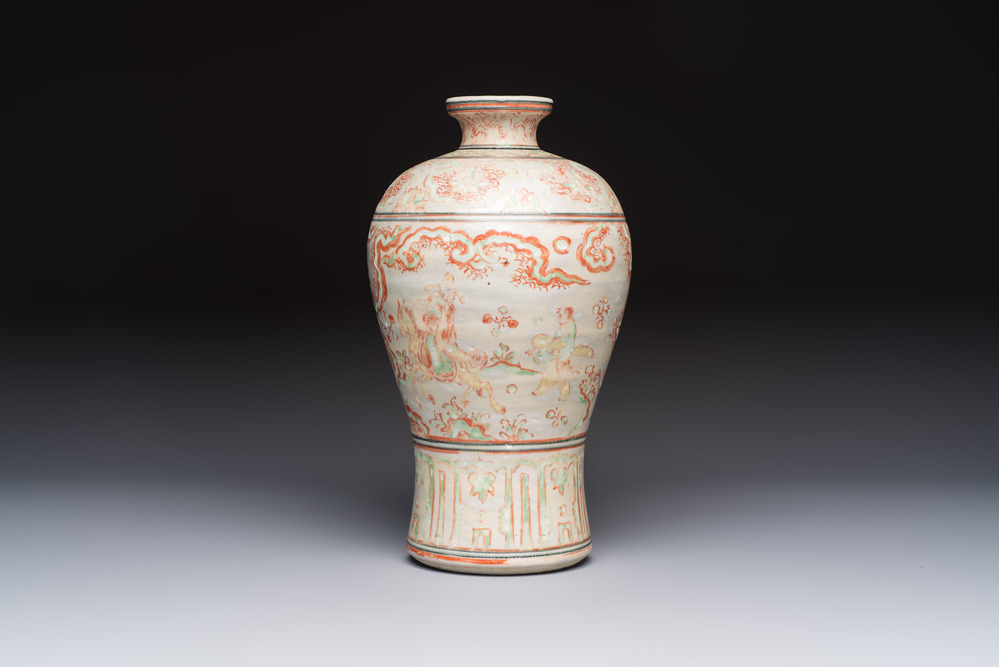 A Chinese polychrome-enamelled 'Xie Qin Fang You 攜琴訪友' 'Meiping' vase, Ming