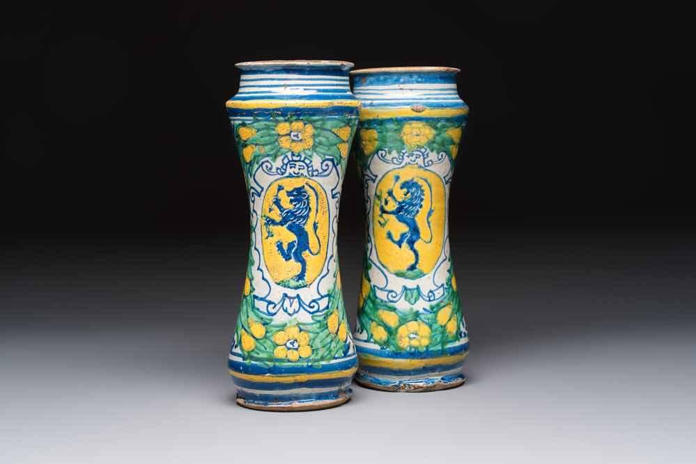 A pair of polychrome Italian maiolica armorial albarelli, Trapani, ca. 1600