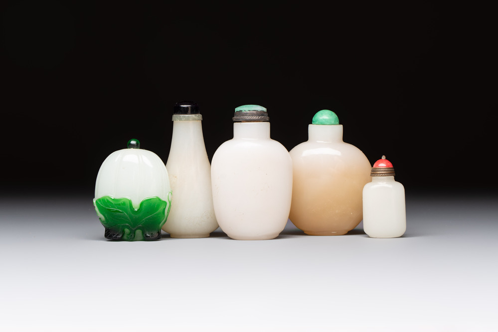 Five Chinese white jade and glass snuff bottles, 19/20th C.