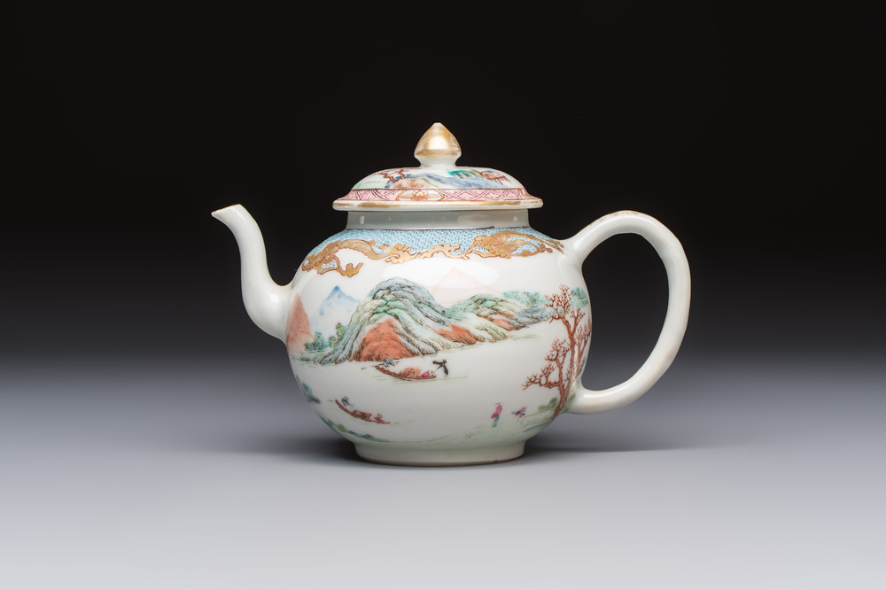 A fine Chinese famille rose 'Mountainous Landscape' teapot, Yongzheng