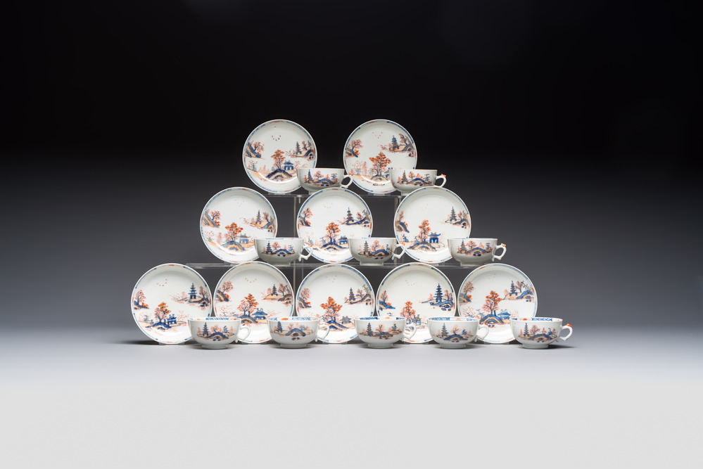 Ten Chinese Imari-style 'Riverscape' cups and saucers, Qianlong