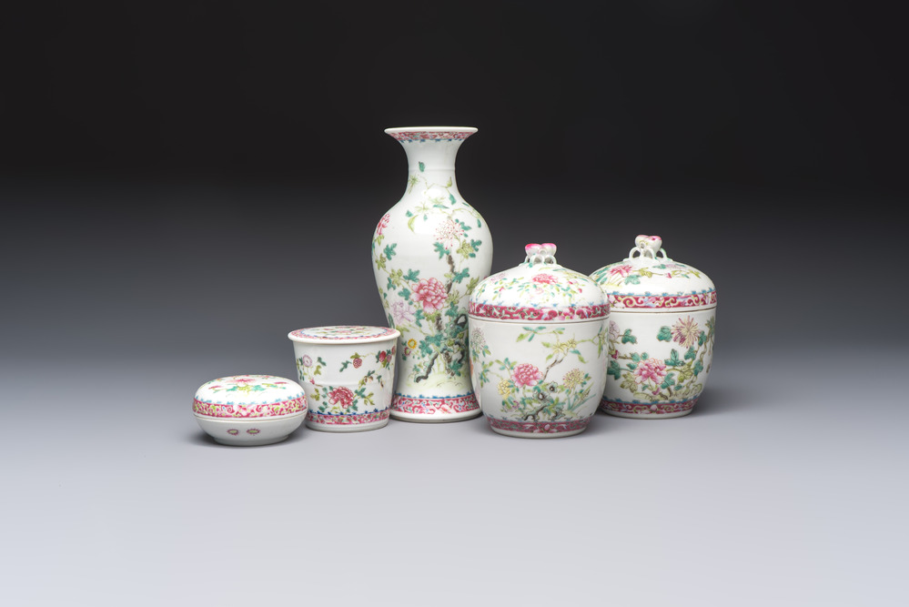 Five Chinese famille rose wares with floral design, Qianlong and Hongxian marks, Republic