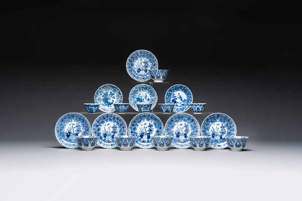 11 Chinese blue and white cups and 9 saucers, Kangxi and jade marks, Kangxi and later