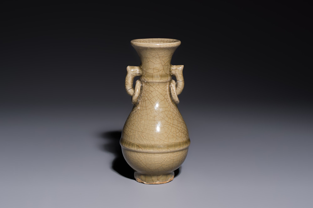A Chinese Longquan celadon vase with handles, Ming