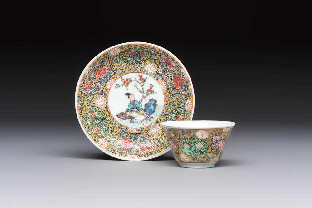 A fine Chinese famille rose gilt-decorated 'Elegant Beauty' cup and saucer, Yongzheng