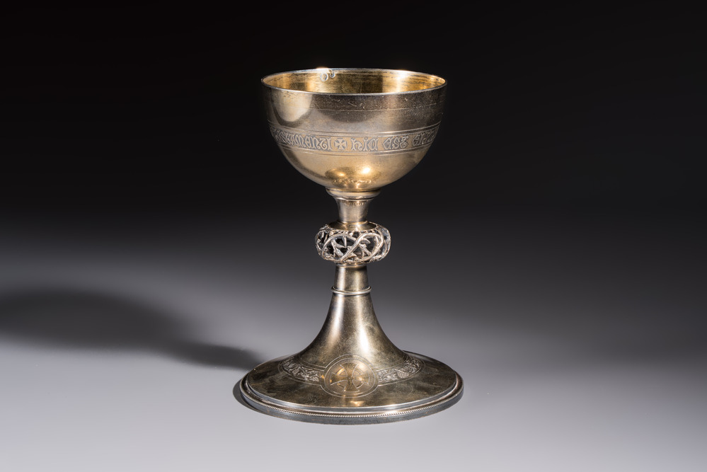 A fine French gilt silver Gothic Revival chalice with a reticulated crown of thorns, late 19/early 20th C.