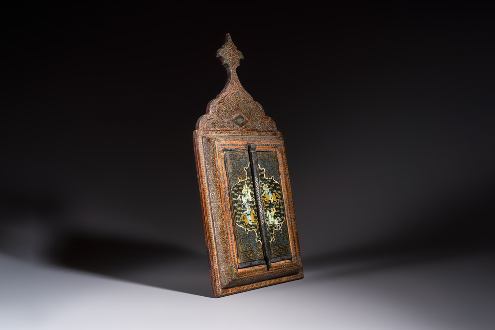 A Persian painted and Khatam Kari-inlaid wooden mirror with two doors, Qajar, 19th C.