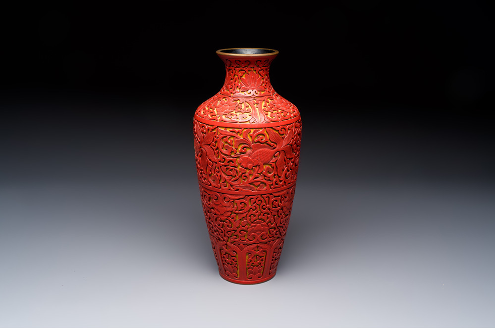 A Chinese two-colour lacquer 'Goldfish' vase, Republic