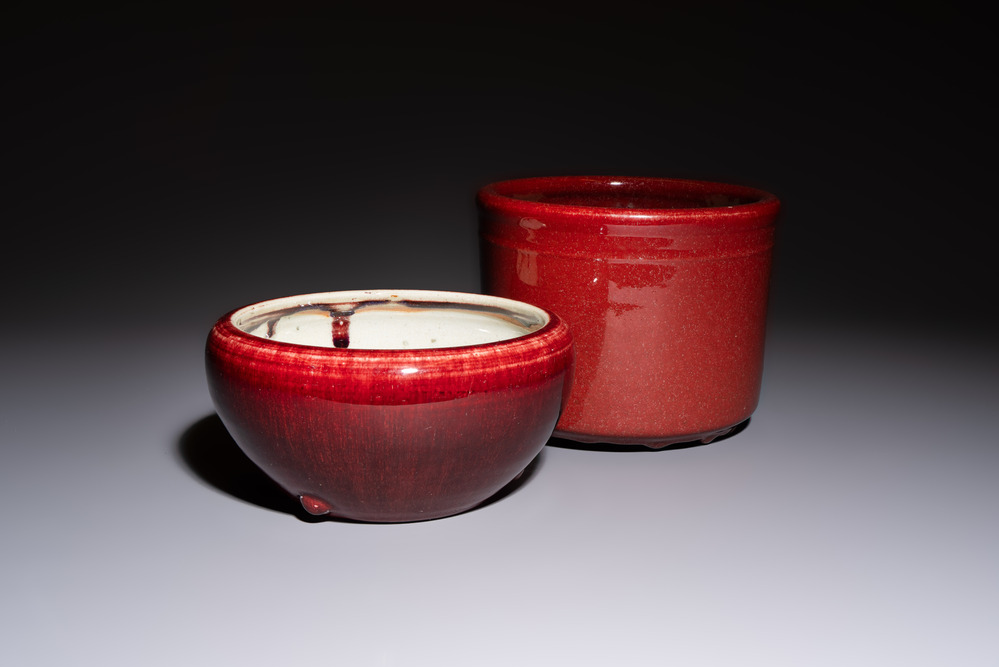 A Chinese flamb&eacute;-glazed bowl and a tripod censer, 19th C.