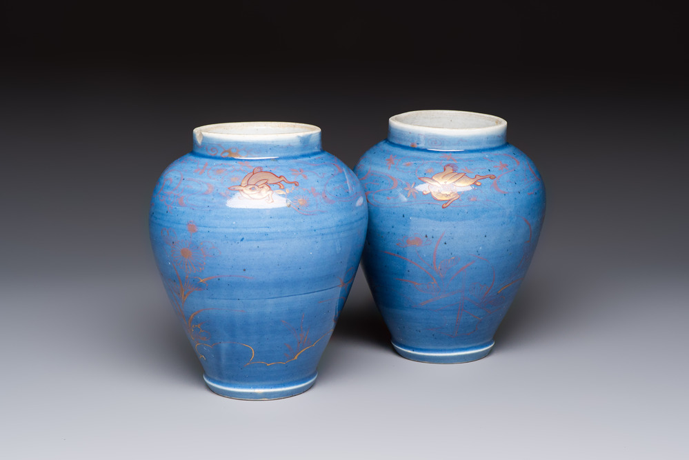 A rare pair of Japanese gilt-decorated blue-ground vases, Edo, late 17th C.