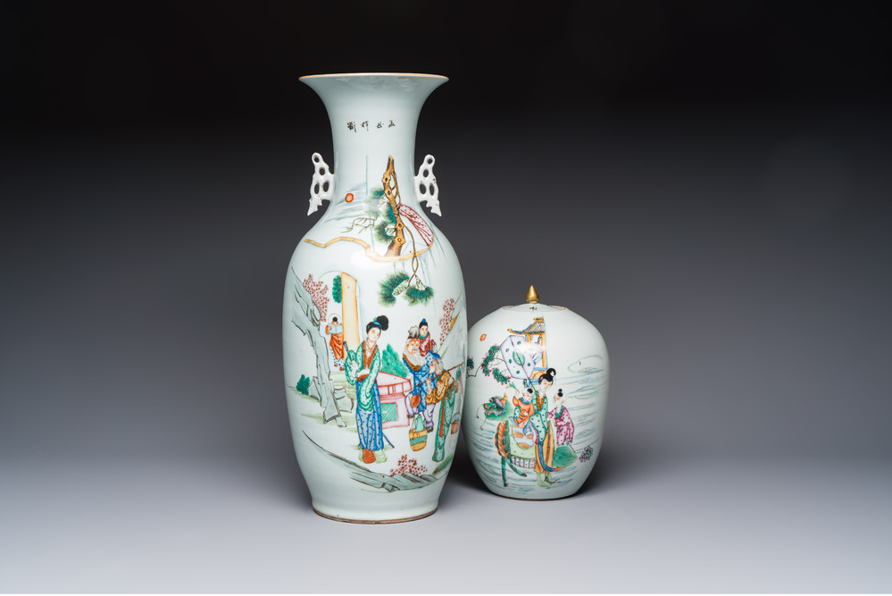 A Chinese famille rose vase with figural design and a covered jar, 19/20th C.