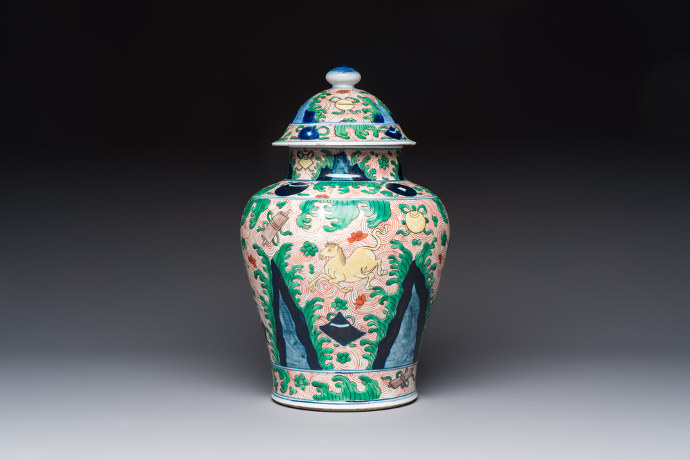 A French wucai-style 'Flying Horses' vase and cover, Samson, Paris, 19th C.