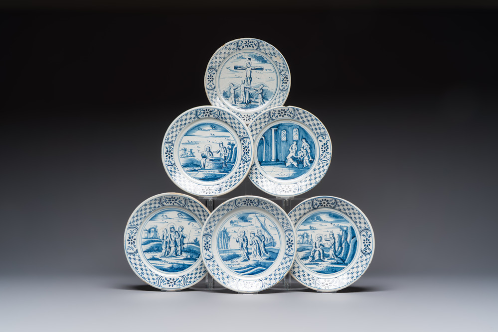 Six blue and white Dutch Delft 'Biblical Subject' plates, probably Friesland, Makkum, 18th C.