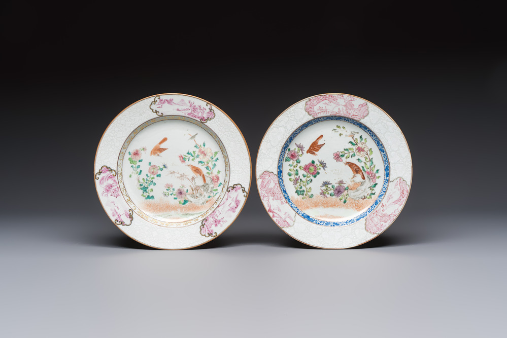 Two Chinese famille rose 'Magpie and Peony' plates with bianco-sopra-bianco rims, Yongzheng