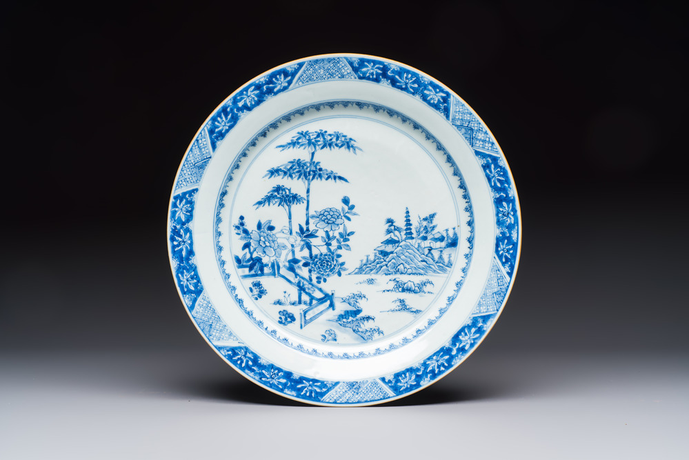 A Chinese blue and white dish with landscape design, Qianlong