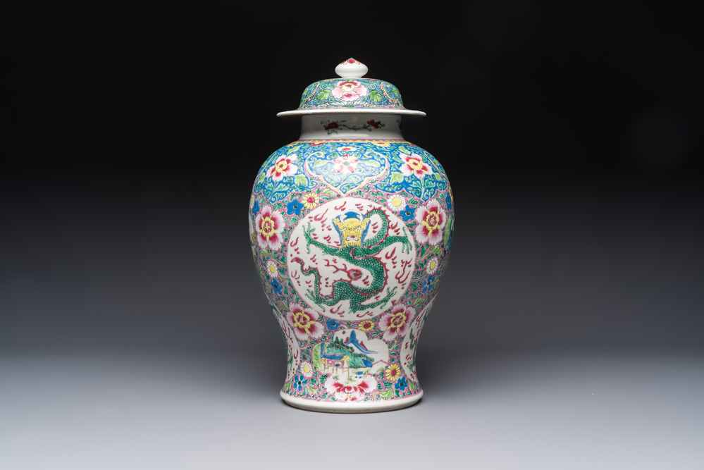A Chinese famille rose 'Dragons' baluster vase and cover, Yongzheng/Qianlong