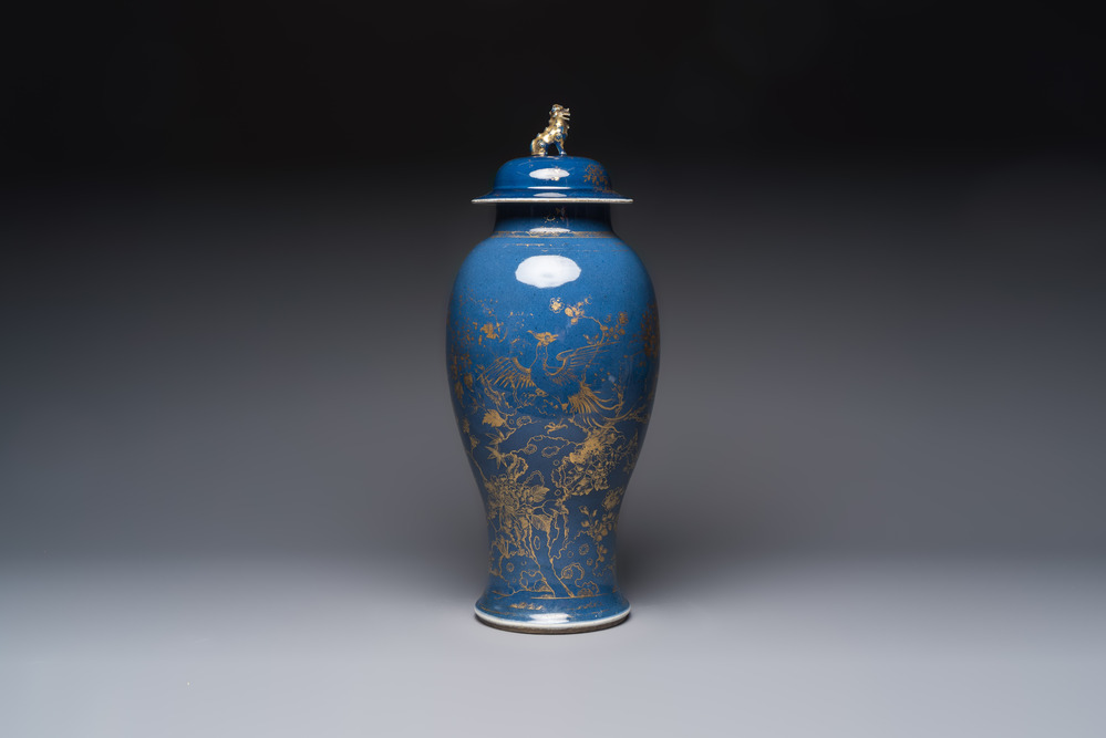 A Chinese gilt-decorated powder-blue-ground 'Phoenix among Blossoming Branches' vase, Qianlong
