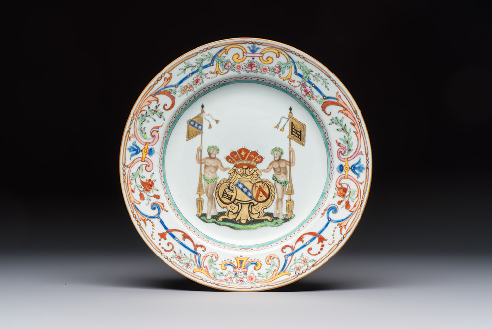 A Chinese famille rose armorial dish with the arms of Goos de Ghyseghem, Vecquemans and Golbeau for the Belgian market, Yongzheng/Qianlong