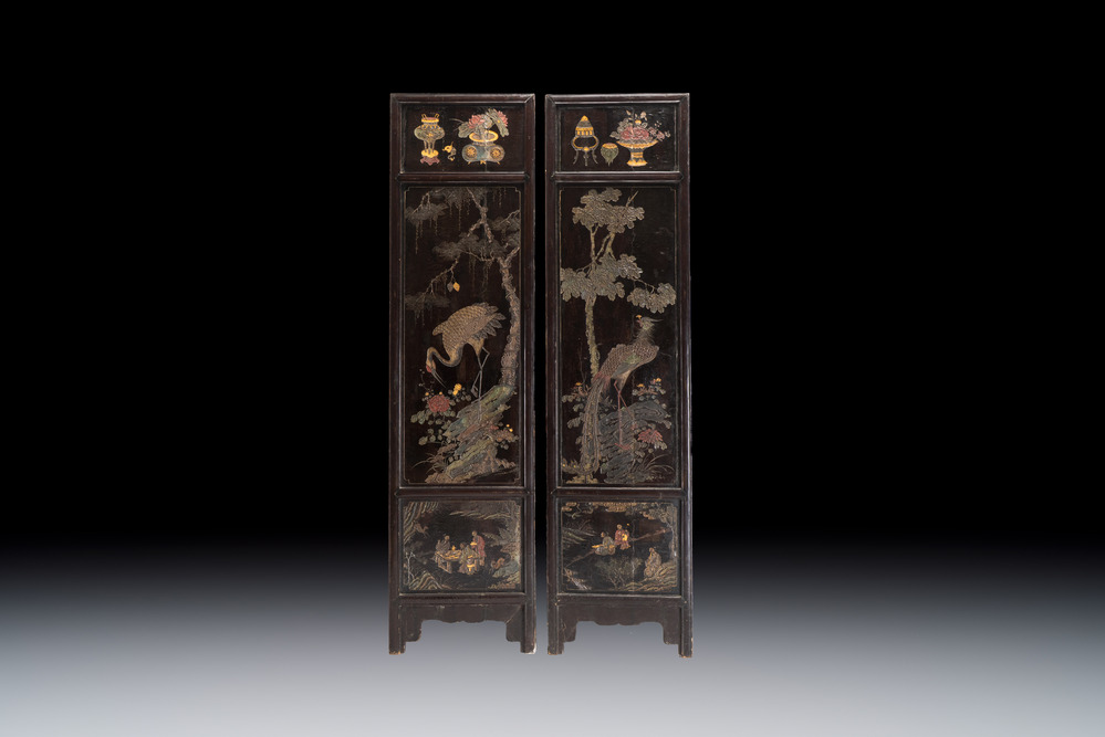 Two large Chinese coromandel lacquer panels with narrative and bird design, signed Huang Enchang 黃恩長, Qianlong, dated 1756