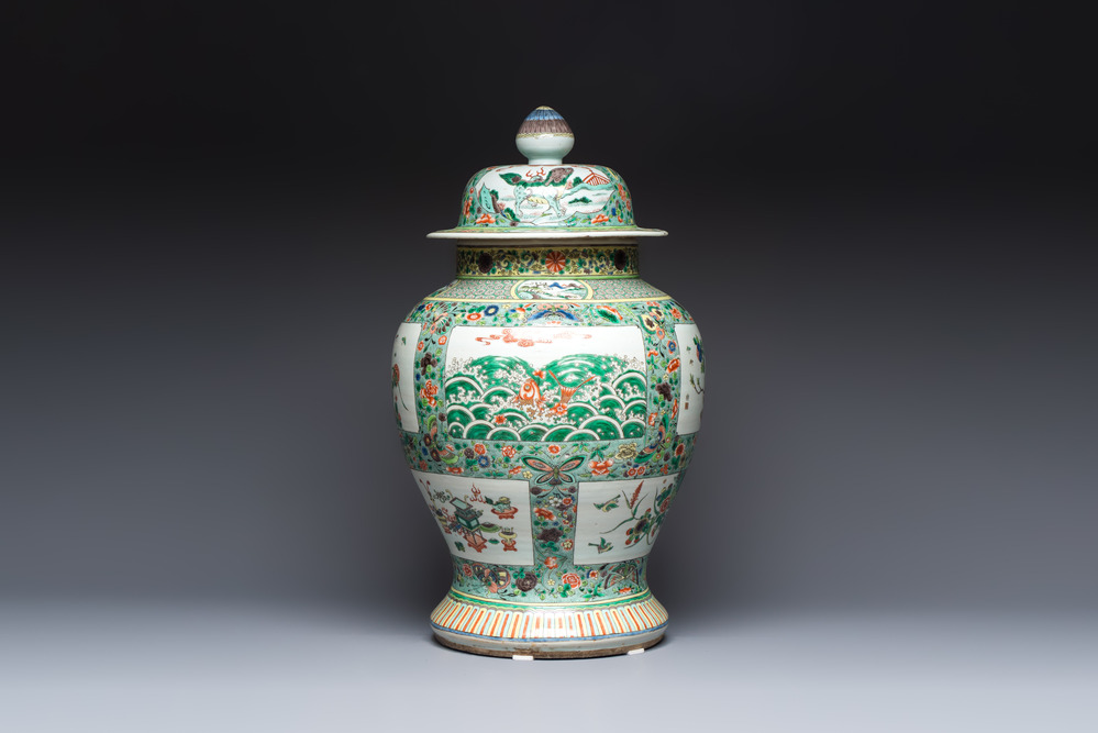 A large Chinese famille verte baluster vase and cover with animals, flowers and antiquities, Chenghua mark, 19th C.