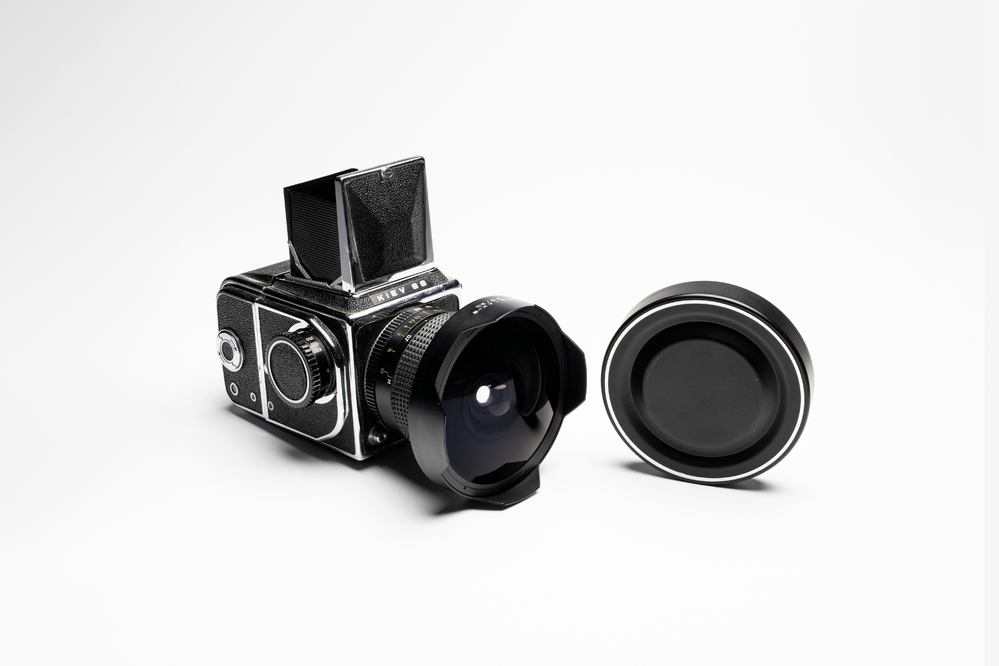 A Kiev 88 with Zodiak-B 30mm F3.5 fisheye lens, waist-level viewfinder and film back