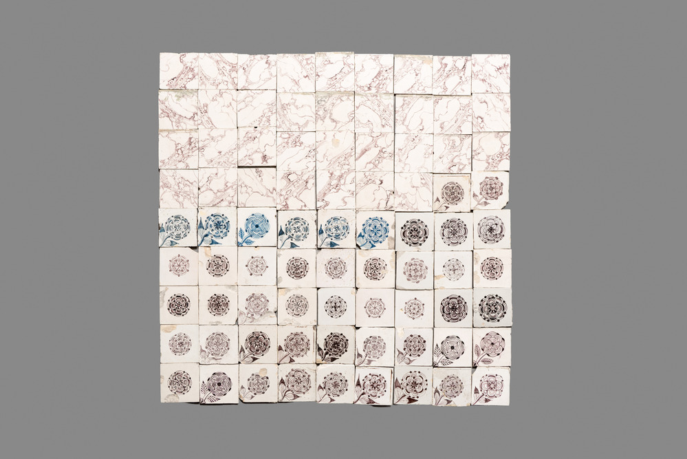 81 blue, white and manganese Dutch Delft tiles, 18th C.