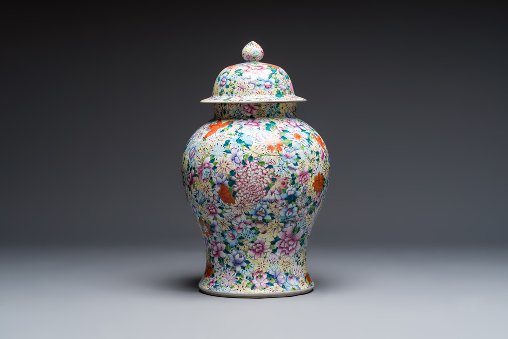 A large Chinese famille rose 'Millefleurs' baluster vase and cover, Yongzheng mark, Republic