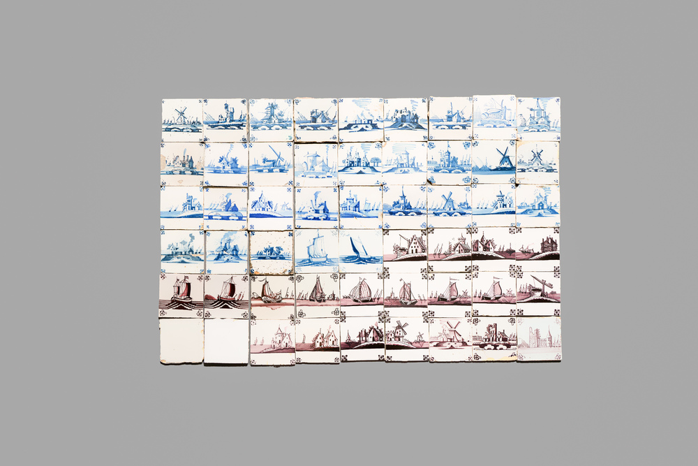 54 blue, white and manganese Dutch Delft tiles, 18th C.