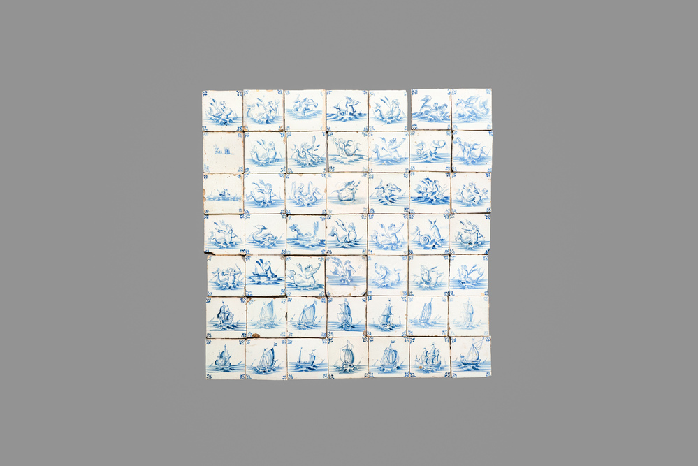49 blue and white Dutch Delft 'Sea Creatures' tiles, 17th C.