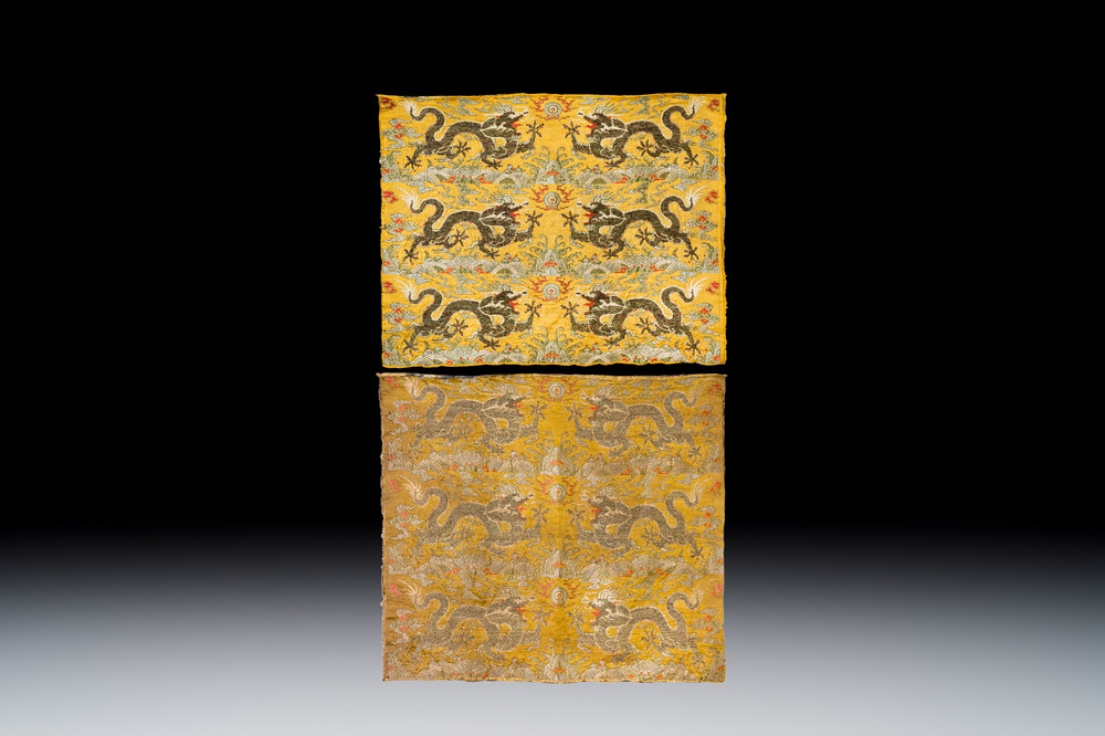 Two Chinese yellow-ground kesi silk 'Dragon' panels, late Ming