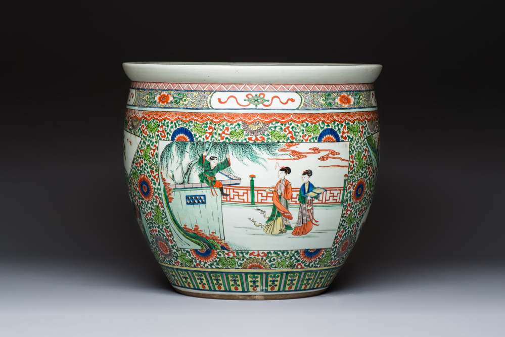 A Chinese famille verte 'Zhu Lin Qi Xian 竹林七賢' and 'Xi Xiang Ji' fish bowl or jardini&egrave;re, 19th C.