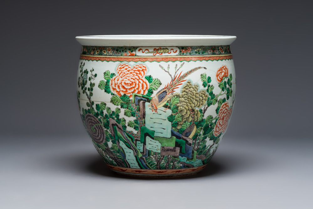 A Chinese famille verte 'Birds among Flowering Branches' fish bowl or jardini&egrave;re, 19th C.