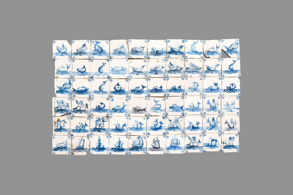 60 blue and white Dutch Delft 'Sea Creatures' and 'Ship' tiles, 18th C.