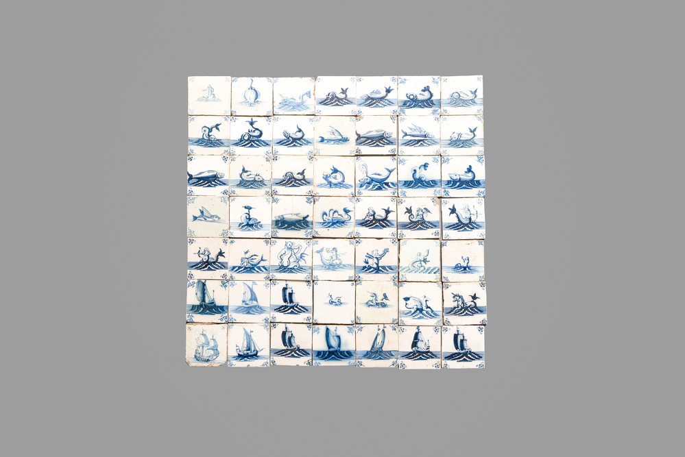 49 blue and white Dutch Delft 'Sea Creatures' and 'Ship' tiles , 17th C.