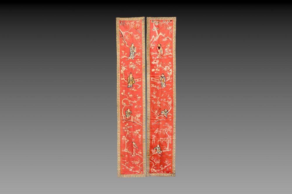 A pair of Chinese red-ground embroidered silk 'Eight Immortals' panels, 19th C.