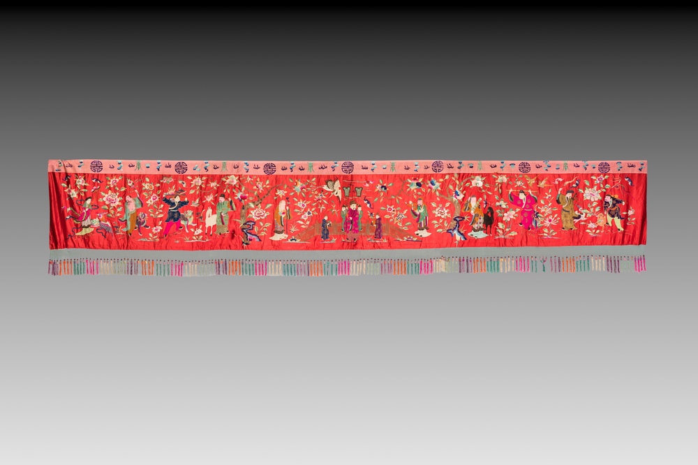 An extremely large Chinese red-ground embroidered silk 'Sanxing and Eight Immortals' panel, 19th C.