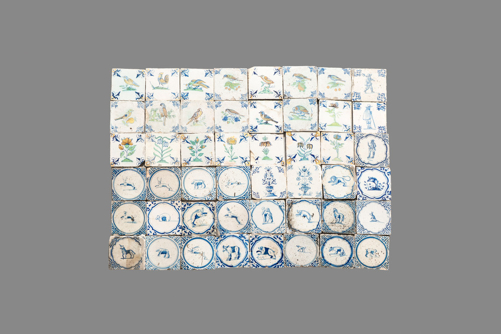 48 blue, white and polychrome Dutch Delft tiles, 17th C.