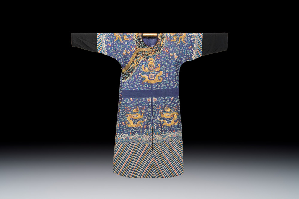 A Chinese blue-ground embroidered silk summer gauze 'Dragon' robe, 'Ji Fu' 吉服, 19th C.