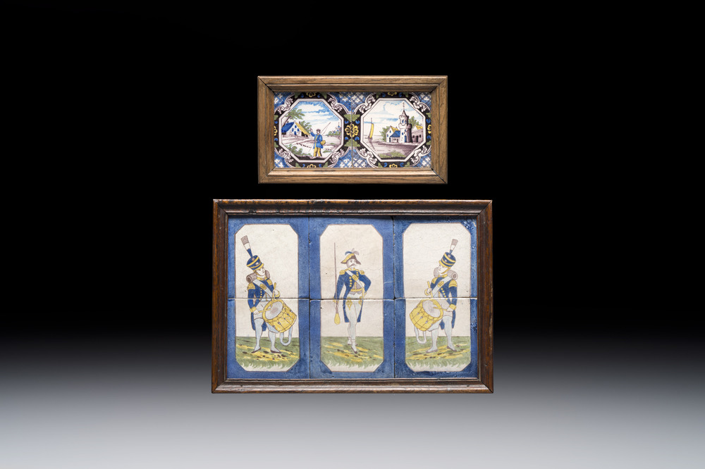 A framed six-piece 'Musicians' tile panel and two 'Landscape' tiles, France, 19th C.