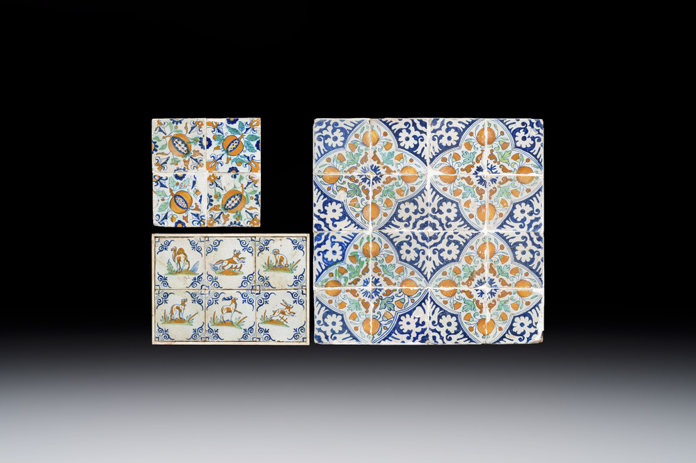 Three polychrome Dutch Delft tile panels, early to mid 17th C.