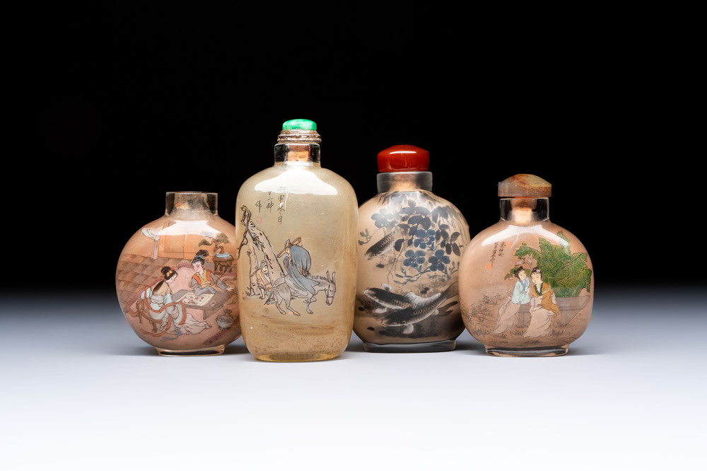 Four Chinese inside glass painted snuff bottles, 20th C.